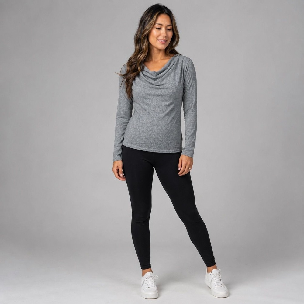 Womens Heather Gray Cowl Neck Long Sleeve Top Relaxed Fit Dropped Shoulder Small